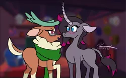 Size: 1024x636 | Tagged: safe, artist:ma5teroftheuniv3rse, derpibooru import, cashmere (tfh), velvet reindeer, unicorn, them's fightin' herds, blushing, cap'n'cash's, cashleander, clothes, coat markings, community related, curved horn, facial markings, female, flirting, glasses, heart eyes, horn, image, jpeg, not sure if want, oleander (tfh), scarf, shipping, star (coat marking), wingding eyes
