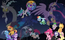 Size: 1080x675 | Tagged: safe, derpibooru import, edit, vector edit, adagio dazzle, applejack, aria blaze, cozy glow, discord, fluttershy, lord tirek, pinkie pie, princess celestia, princess luna, queen chrysalis, rainbow dash, rarity, sonata dusk, spike, starlight glimmer, sunset shimmer, tank, trixie, twilight sparkle, alicorn, centaur, changeling, changeling queen, draconequus, dragon, earth pony, human, pegasus, pony, taur, tortoise, unicorn, equestria girls, clothes, crown, disguise, disguised siren, dress, female, filly, foal, image, jewelry, jpeg, regalia, stars, twilight 2.0, vector, wallpaper