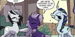 Size: 1403x694 | Tagged: safe, derpibooru import, idw, black belle, shadow storm, violet shiver, pony, my little pony: generations, comic, eyes closed, image, laughing, png, smiling, speech bubble, trio