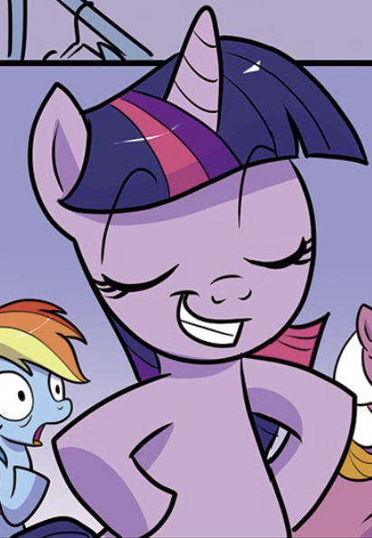 Size: 411x595 | Tagged: safe, derpibooru import, idw, rainbow dash, twilight sparkle, twilight sparkle (alicorn), alicorn, pony, my little pony: generations, comic, cropped, eyes closed, hooves on hips, image, png, proud, smiling, smuglight sparkle, solo focus