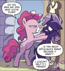 Size: 624x681 | Tagged: safe, derpibooru import, idw, pinkie pie, violet shiver, earth pony, pony, my little pony: generations, bipedal, comic, cropped, duo, gritted teeth, image, intimidating, png, speech bubble