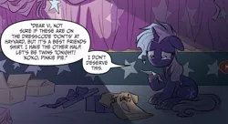 Size: 1014x552 | Tagged: safe, derpibooru import, idw, violet shiver, pony, my little pony: generations, clothes, comic, cropped, floppy ears, guilty, image, png, sad, shirt, sitting, solo, speech bubble, teary eyes