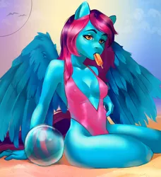 Size: 852x935 | Tagged: suggestive, artist:kokidius, derpibooru import, oc, oc:pineapple wave, oc:snow bomb, unofficial characters only, anthro, pegasus, absolute cleavage, anthro oc, beach, beach ball, breasts, cleavage, clothes, crotch bulge, erect nipples, female, food, futa, herm, image, intersex, jpeg, nipple outline, one-piece swimsuit, popsicle, sand, swimsuit, wings