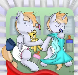 Size: 3135x3030 | Tagged: suggestive, artist:lynnthenerdkitty, derpibooru import, oc, oc:oreo, oc:reo, pegasus, pony, unicorn, adults, commission, crib, diaper, diaper fetish, fetish, image, miniature, non-baby in diaper, png, pygmy pony