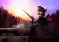 Size: 2048x1438 | Tagged: safe, artist:itssim, oc, oc:devin, unofficial characters only, bat pony, axis, balkenkreuz, clothes, commander, germany, gun, image, jpeg, machine gun, military, panther (tank), panzer, scenery, scenery porn, turret, uniform, weapon, world war ii