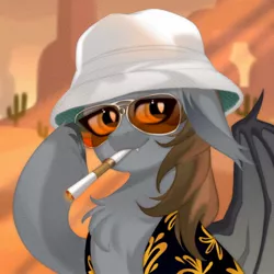 Size: 1500x1500 | Tagged: safe, artist:shimisen, derpibooru import, oc, oc:devin, unofficial characters only, bat pony, pony, 70s, aviator sunglasses, aviators, bat wings, bucket hat, cactus, chest fluff, cigarette, cigarette holder, clothes, desert, fear and loathing in las vegas, hat, hawaiian shirt, hunter s. thompson, image, jpeg, las vegas, looking at you, male, movie reference, nevada, raoul duke, ray-ban shooter, shirt, smoking, solo, stallion, sunglasses, unshorn fetlocks, wings