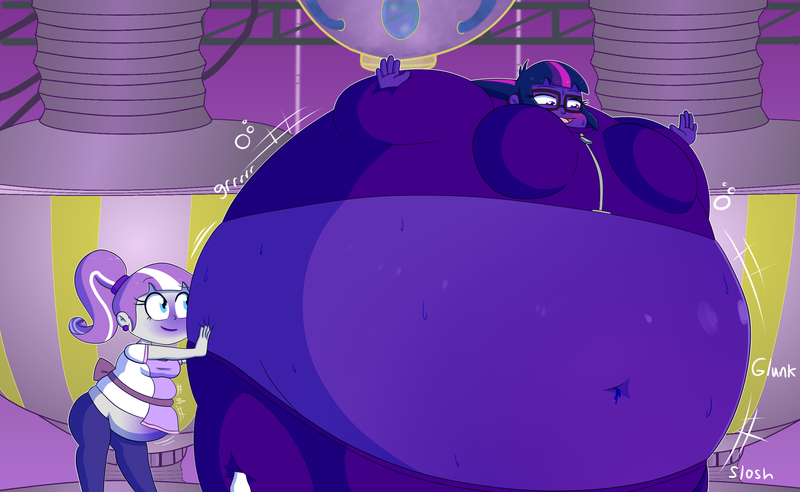 Size: 2600x1600 | Tagged: questionable, artist:glaciaberry, artist:hedgehogstew, derpibooru import, sci-twi, twilight sparkle, twilight velvet, equestria girls, belly, belly button, big belly, bingo wings, blueberry inflation, blushing, clothes, collaboration, equestria girls-ified, female, food, gum, high res, huge belly, image, immobile, impossibly large belly, inflation, mother and child, mother and daughter, png, tracksuit, violet beauregarde, willy wonka and the chocolate factory