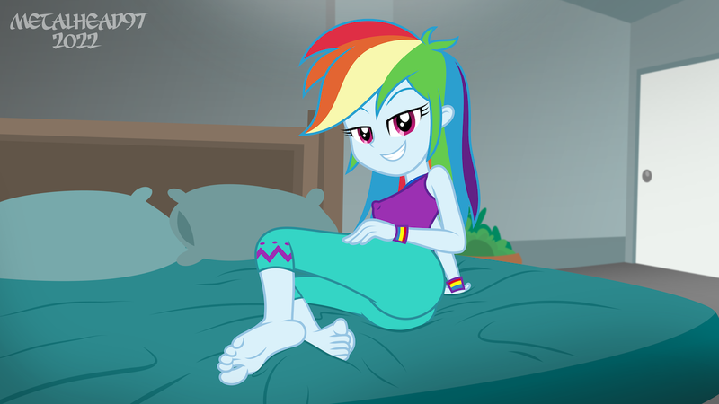 Size: 1280x720 | Tagged: suggestive, artist:metalhead97, derpibooru import, rainbow dash, equestria girls, equestria girls series, wake up!, spoiler:eqg series (season 2), ass, barefoot, bed, bedroom, bedroom eyes, butt, clothes, erect nipples, feet, female, image, looking at you, looking back, nipple outline, pants, png, pose, posing for photo, presenting, rainbutt dash, show accurate, smiling, smiling at you, solo, solo female, wake up!: rainbow dash, wristband, yoga pants