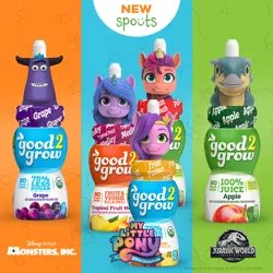 Size: 900x900 | Tagged: safe, derpibooru import, izzy moonbow, pipp petals, sunny starscout, dinosaur, my little pony: a new generation, advertisement, bottle, g5, good2grow, image, jurassic world, monster, monsters inc., png