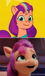 Size: 344x572 | Tagged: safe, derpibooru import, edit, edited screencap, screencap, sunny starscout, earth pony, pony, my little pony: a new generation, my little pony: tell your tale, 2d, 3d, awe, cgi, g5, happy, image, looking at you, looking up, meme, multicolored hair, opinion, png, reaction, smiling, smiling at you