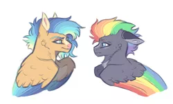 Size: 3888x2345 | Tagged: safe, artist:venommocity, derpibooru import, oc, oc:greywind, oc:vegas, unofficial characters only, pegasus, pony, bully, bullying, colored wings, female, image, magical gay spawn, magical lesbian spawn, mare, multicolored hair, multicolored wings, offspring, parent:clear sky, parent:flash sentry, parent:rainbow dash, parent:sunburst, parents:cleardash, parents:flashburst, png, rainbow hair, rainbow wings, simple background, white background, wings