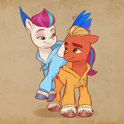 Size: 2048x2048 | Tagged: safe, artist:artharuhi, derpibooru import, sprout cloverleaf, zipp storm, earth pony, pegasus, pony, my little pony: a new generation, blushing, brown background, clothes, commission, duo, female, g5, hoodie, image, implied appledash, implied applejack, implied lesbian, implied rainbow dash, implied shipping, jpeg, looking at each other, looking at someone, male, mare, shipping, simple background, smiling, stallion, straight, zippsprout