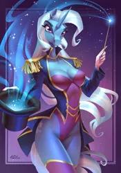 Size: 4200x6000 | Tagged: suggestive, artist:holivi, derpibooru import, trixie, anthro, horse, unguligrade anthro, unicorn, equestria girls, equestria girls series, street magic with trixie, spoiler:eqg series (season 2), breasts, busty trixie, cleavage, clothes, costume, epaulettes, equestria girls outfit, fanart, female, hat, high-cut clothing, hoers, image, jpeg, leotard, looking at you, magic, magic act, magic aura, magic wand, magician outfit, redraw, simple background, skinny, smiling, socks, solo, starry background, thigh highs, top hat, wand, zettai ryouiki