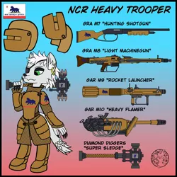 Size: 1024x1024 | Tagged: safe, artist:dice-warwick, derpibooru import, oc, oc:priscilla, diamond dog, fallout equestria, armor, eyepatch, flamethrower, gun, heavy armor, helmet, image, jpeg, machine gun, ncr, new canterlot republic, rocket launcher, shotgun, solo, super sledge, weapon