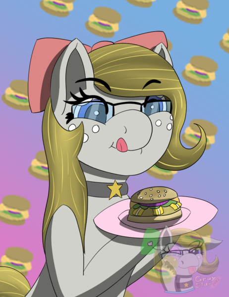 Size: 800x1040 | Tagged: safe, artist:gray star, derpibooru import, oc, oc:gray star, unofficial characters only, bow, burger, choker, derpibooru exclusive, food, glasses, hair bow, hay burger, image, png, simple background