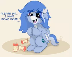 Size: 2415x1920 | Tagged: safe, artist:pony-thunder, derpibooru import, oc, oc:river tailwind, bat pony, apple, cute, food, image, ocbetes, png, puppy dog eyes, solo, weapons-grade cute