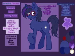 Size: 4608x3456 | Tagged: safe, artist:nightydream, derpibooru import, oc, oc:shadow twinkle, unofficial characters only, unicorn, chest fluff, glasses, horn, image, male, png, reference sheet, solo, unicorn oc