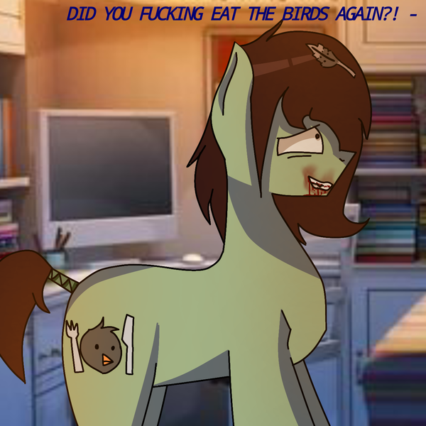 Size: 1280x1280 | Tagged: semi-grimdark, artist:daijodako, derpibooru import, oc, oc:birdeater, unofficial characters only, earth pony, pony, blood, brown eyes, brown hair, brown mane, character, green pony, image, insanity, madness, male, png, scared, stallion