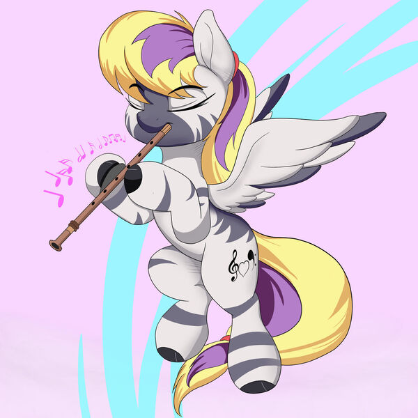 Size: 1280x1280 | Tagged: safe, artist:joaothejohn, derpibooru import, oc, oc:mezzo piano, zebra, cute, eyes closed, flute, flying, image, jpeg, music notes, musical instrument, simple background, solo, wings, zebra oc