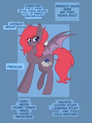 Size: 3456x4608 | Tagged: safe, artist:nightydream, derpibooru import, oc, oc:midnight moon, bat pony, freckles, image, png, reference sheet