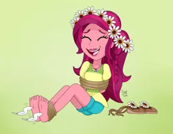 Size: 3300x2550 | Tagged: safe, artist:bageloftime, derpibooru import, gloriosa daisy, equestria girls, arm behind back, barefoot, bondage, clothes, eyes closed, feather, feet, fetish, floral head wreath, flower, foot fetish, foot focus, image, jpeg, laughing, open mouth, rope, rope bondage, sandals, shoes, simple background, soles, tickling, tied up