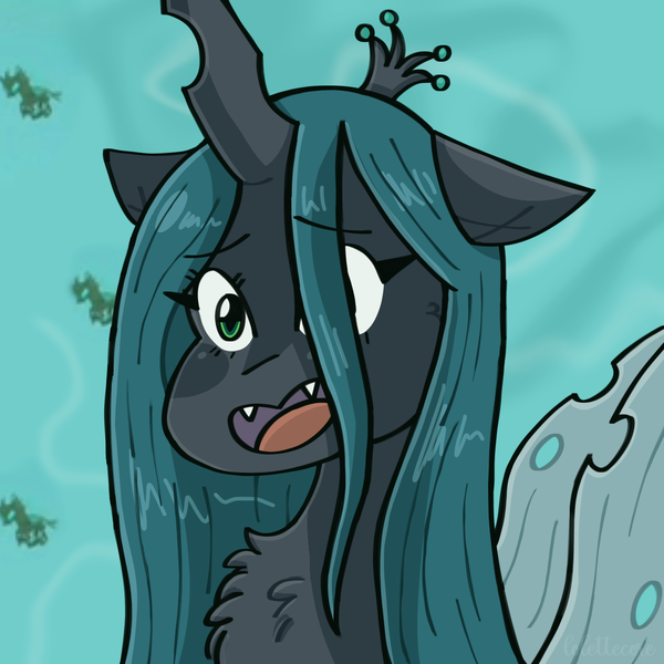 Size: 1280x1280 | Tagged: safe, artist:lolettecore, derpibooru import, queen chrysalis, changeling, changeling queen, anime, chest fluff, chibi, cute, female, green eyes, image, png, redraw, smiling