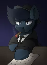 Size: 2077x2821 | Tagged: safe, artist:rokosmith26, derpibooru import, oc, oc:slim kinslow, earth pony, pony, fallout equestria, blazer, cigar, clothes, desk, earth pony oc, hat, image, looking at something, male, necktie, paper, png, scar, shirt, simple background, smiling, smoking, stallion