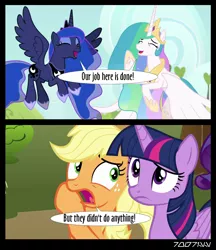 Size: 1288x1488 | Tagged: safe, derpibooru import, edit, edited screencap, editor:teren rogriss, screencap, applejack, princess celestia, princess luna, rarity, twilight sparkle, twilight sparkle (alicorn), alicorn, earth pony, pony, unicorn, between dark and dawn, comic, image, jpeg, screencap comic