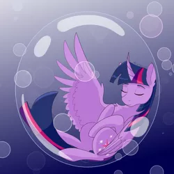 Size: 2000x2000 | Tagged: safe, artist:maravor, derpibooru import, twilight sparkle, twilight sparkle (alicorn), alicorn, pony, bubble, chest fluff, eyes closed, female, high res, image, mare, png, simple background, sleeping, smiling, solo