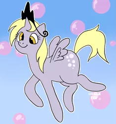 Size: 1455x1551 | Tagged: safe, artist:immunefox, derpibooru import, derpy hooves, ditzy doo, alicorn, pony, alicornified, blue, blue background, bubble, cross-eyed, crown, cute, flying, horn, image, jewelry, png, princess, race swap, regalia, silly, simple background, small horn, small wings, solo, wings
