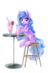 Size: 795x1189 | Tagged: safe, artist:maytee, derpibooru import, izzy moonbow, pony, unicorn, cute, drink, female, g5, image, izzybetes, jpeg, looking at you, mare, milkshake, simple background, sitting, solo, stool, table, traditional art, white background