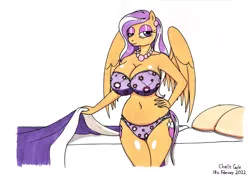 Size: 1920x1362 | Tagged: suggestive, artist:killerteddybear94, derpibooru import, oc, oc:vanilla pearl, anthro, pegasus, bed, bedroom eyes, belly button, big breasts, bra, breasts, clothes, ear piercing, earring, female, flower pattern underwear, hand on hip, image, jewelry, jpeg, lingerie, looking at you, milf, necklace, panties, pearl necklace, piercing, plump, purple underwear, seductive look, sexy, smiling, spread wings, traditional art, underwear, wings