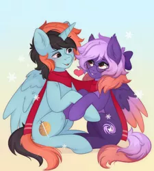 Size: 700x777 | Tagged: safe, derpibooru import, oc, oc:aegis lance, oc:ardent dusk, unofficial characters only, alicorn, bat pony, hybrid, pegasus, clothes, couple, cute, glasses, heart, holding hooves, image, png, scarf