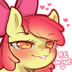 Size: 1159x1159 | Tagged: safe, artist:cold-blooded-twilight, derpibooru import, apple bloom, pony, blushing, bow, dialogue, female, filly, foal, heart, heart eyes, image, png, simple background, smiling, transparent background, wingding eyes