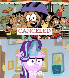 Size: 400x453 | Tagged: safe, artist:chanyhuman, derpibooru import, starlight glimmer, human, pony, unicorn, :i, cancelled, description is relevant, female, i mean i see, image, link in description, mare, meme, png, reaction, reaction image, starlight is not amused, starlight's office, the casagrandes, unamused