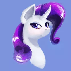 Size: 2000x2000 | Tagged: safe, artist:meepars, derpibooru import, rarity, pony, unicorn, blue background, bust, curved horn, female, horn, image, png, simple background, smiling, solo