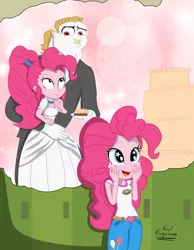 Size: 1302x1680 | Tagged: safe, artist:dashdeviant, derpibooru import, bulk biceps, pinkie pie, equestria girls, cake, clothes, dress, fantasizing, female, food, holiday, image, jpeg, male, pieceps, ponytail, shipping, straight, thought bubble, tuxedo, valentine's day, wedding cake, wedding dress