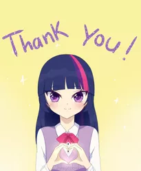 Size: 850x1036 | Tagged: safe, artist:ichigochichi, derpibooru import, twilight sparkle, human, clothes, eyebrows, eyebrows visible through hair, female, gradient background, heart hands, humanized, image, jpeg, looking at you, smiling, smiling at you, solo, text