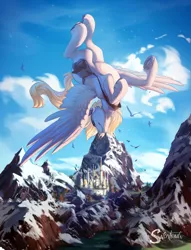 Size: 2500x3274 | Tagged: safe, artist:silentwulv, derpibooru import, derpy hooves, bird, pegasus, pony, canterlot, female, flying, image, jpeg, mailbag, mailmare, mare, mountain, mountain range, scenery, smiling, solo, spread wings, underhoof, wings