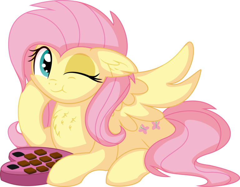 Size: 7102x5540 | Tagged: safe, artist:cyanlightning, derpibooru import, fluttershy, pegasus, pony, .svg available, absurd resolution, chocolate, ear fluff, female, food, image, looking at you, lying down, mare, one eye closed, png, prone, simple background, sitting, solo, spread wings, transparent background, vector, wings, wink