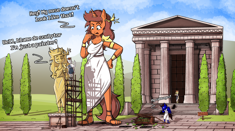 Size: 3950x2205 | Tagged: questionable, artist:jarethnerl, derpibooru import, oc, oc:amber shine, oc:tomson, unofficial characters only, anthro, plantigrade anthro, ancient greece, clothes, feet, growth, image, macro, png, statue, temple, toga