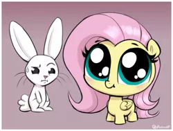 Size: 1584x1200 | Tagged: safe, artist:heretichesh, derpibooru import, angel bunny, fluttershy, pegasus, pony, rabbit, age regression, animal, big eyes, big head, blushing, chibi, cute, duo, female, filfilfil, filly, filly fluttershy, gradient background, image, jpeg, shyabetes, smiling, sweat, sweatdrop, younger