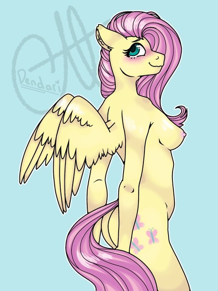 Size: 1200x1600 | Tagged: explicit, artist:dendari62, derpibooru import, fluttershy, anthro, pegasus, blue background, blushing, ear fluff, female, image, jpeg, looking at you, sideboob, simple background, solo, solo female, spread wings