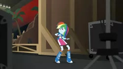 Size: 1284x720 | Tagged: safe, derpibooru import, screencap, rainbow dash, human, equestria girls, movie magic, spoiler:eqg specials, boots, cargo shorts, clothes, female, image, jpeg, shoes, skirt, solo