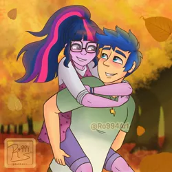 Size: 2100x2100 | Tagged: safe, artist:ro994, derpibooru import, flash sentry, sci-twi, twilight sparkle, equestria girls, autumn, blushing, falling leaves, female, flashlight, image, jpeg, leaves, looking at each other, looking at someone, male, piggyback ride, sciflash, shipping, smiling, smiling at each other, straight, watermark