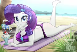 Size: 1992x1353 | Tagged: suggestive, artist:theretroart88, derpibooru import, rarity, equestria girls, ass, beach, bikini, breasts, busty rarity, butt, clothes, food, image, looking at you, milk, panties, png, rearity, stupid sexy rarity, swimsuit, thong, underwear, whipped cream