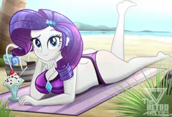 Size: 1992x1353 | Tagged: suggestive, artist:theretroart88, derpibooru import, rarity, equestria girls, ass, beach, bikini, breasts, busty rarity, butt, clothes, food, image, looking at you, milk, panties, png, rarity's beach shorts swimsuit, rearity, stupid sexy rarity, swimsuit, thong, underwear, whipped cream