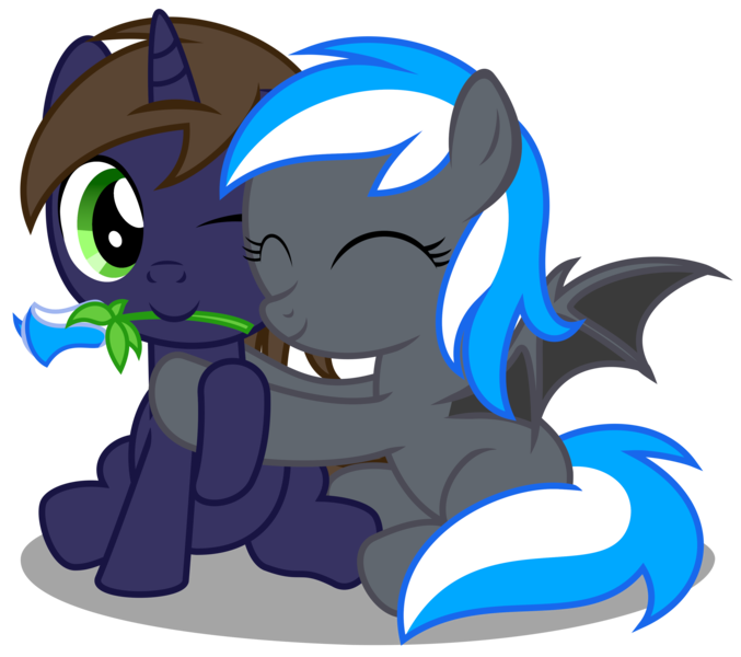 Size: 3410x3020 | Tagged: safe, artist:strategypony, derpibooru import, oc, oc:diamond azure, oc:galahad lazuli, unofficial characters only, bat pony, pony, unicorn, colt, cute, daaaaaaaaaaaw, duo, eyes closed, female, filly, flower, flower in mouth, foal, galamond, hearts and hooves day, holiday, horn, hug, image, male, mouth hold, ocbetes, one eye closed, png, shipping, simple background, spread wings, transparent background, valentine's day, wholesome, wings