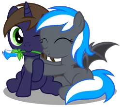 Size: 3410x3020 | Tagged: safe, artist:strategypony, derpibooru import, oc, oc:diamond azure, oc:galahad lazuli, unofficial characters only, bat pony, pony, unicorn, colt, cute, daaaaaaaaaaaw, duo, eyes closed, female, filly, flower, flower in mouth, foal, galamond, hearts and hooves day, holiday, horn, hug, image, male, mouth hold, ocbetes, one eye closed, png, shipping, simple background, spread wings, transparent background, valentine's day, wholesome, wings
