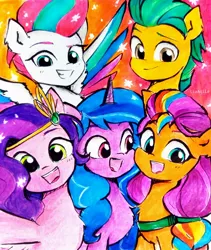 Size: 2038x2416 | Tagged: safe, artist:liaaqila, derpibooru import, hitch trailblazer, izzy moonbow, pipp petals, sunny starscout, zipp storm, earth pony, pegasus, pony, unicorn, my little pony: a new generation, my little pony: tell your tale, spoiler:g5, spoiler:my little pony: tell your tale, g5, image, jpeg, mane five (g5), traditional art